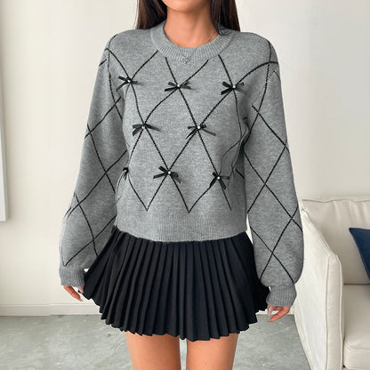 Copy of Round neck bow decoration diamond patterned sweater for women