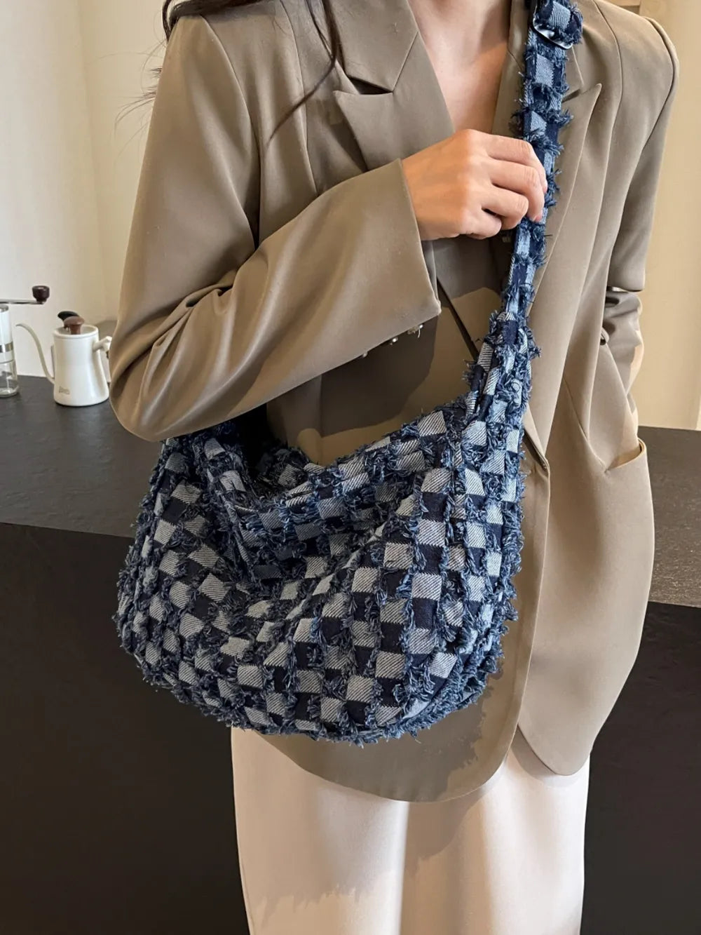 Checkered Raw Edge Denim Shoulder Bag