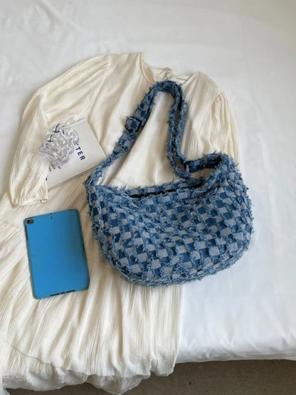 Checkered Raw Edge Denim Shoulder Bag