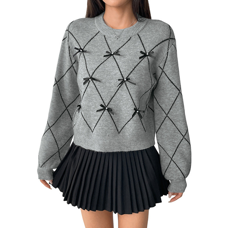 Copy of Round neck bow decoration diamond patterned sweater for women