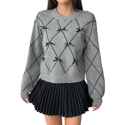 Copy of Round neck bow decoration diamond patterned sweater for women