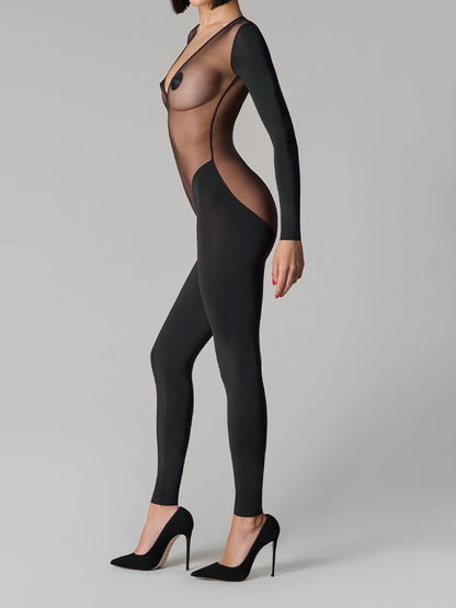 Sheer Jumpsuit Long PantsYoga Low Neck Shaping High Waist Summer Long Sleeve Set Sexy