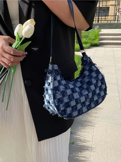 Checkered Raw Hem Shoulder Bag