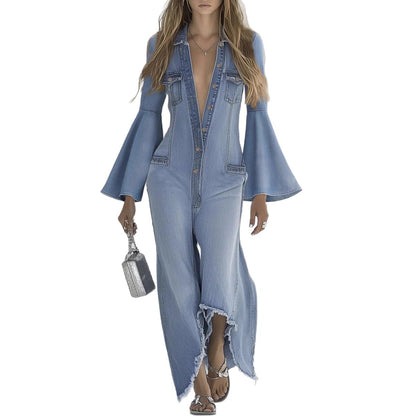 Women's Loose Solid Color Casual Single-breasted Denim Jumpsuit