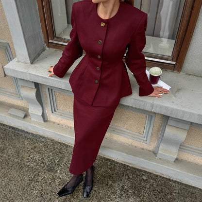 Round-neck Long-sleeved Jacket With Slit Skirt Women's Fashion Casual Two-piece Set