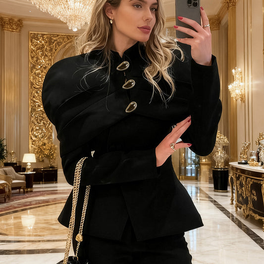 Retro Black Color Pleats Button Slim Top - SD & CO.
