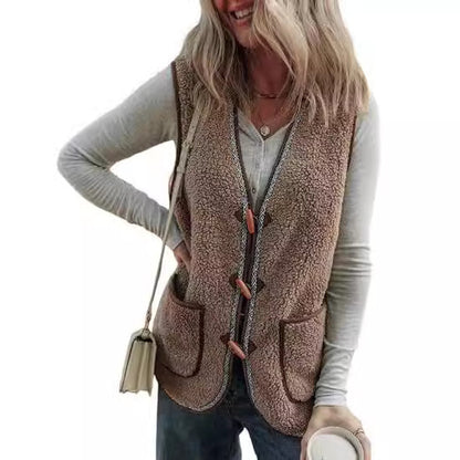 Women's Casual Contrast Color Sleeveless Cardigan Outerwear Plush Vest