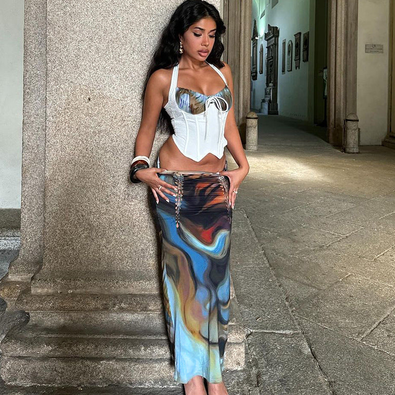 Female Leisure Gathered Top With Slim Tie-waist Skirt