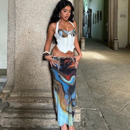 Female Leisure Gathered Top With Slim Tie-waist Skirt