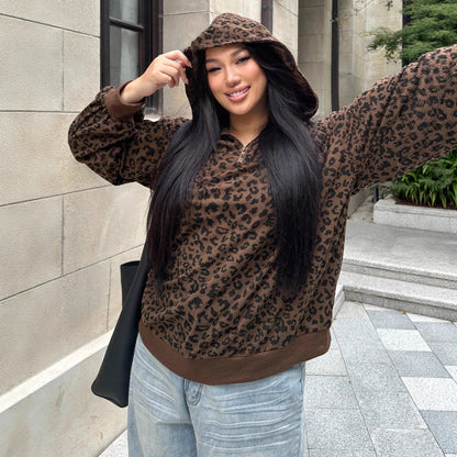 Women's Leopard Print Zip-up Hooded Long Sleeve Sweatshirt