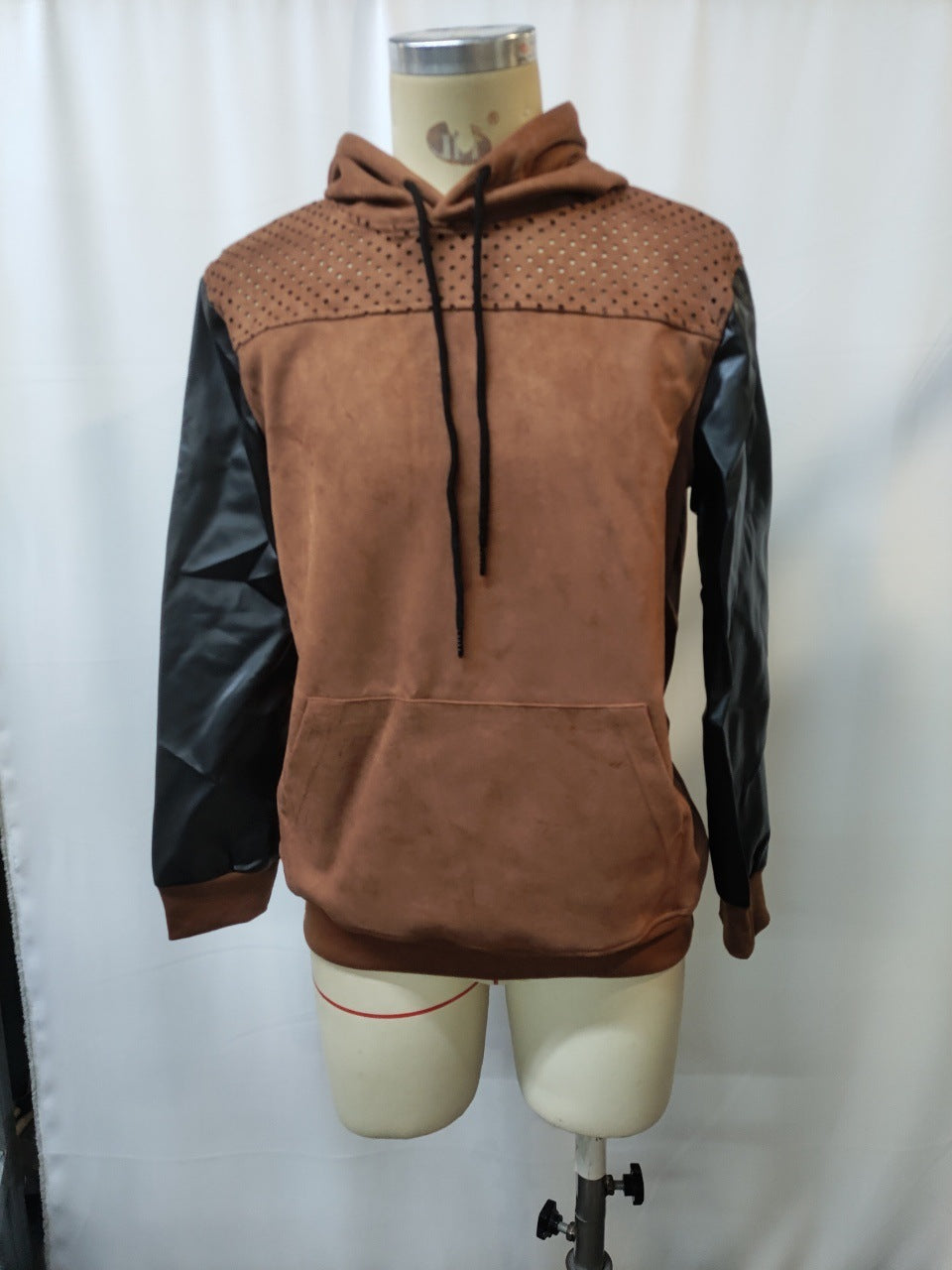 Men's Retro Brown Leather Decorative Perforated Hooded Casual Sweatshirt - SD & CO.