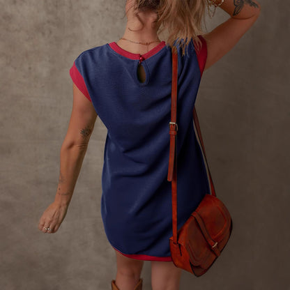 Women's Pullover Pocket Flap Sleeve Color-blocked Straight Dress