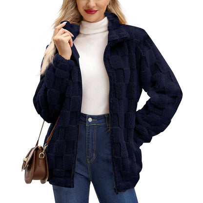 Women's Zipped Stand Collar Loose Jacquard Square Plaid Plush Coat - SD & CO.