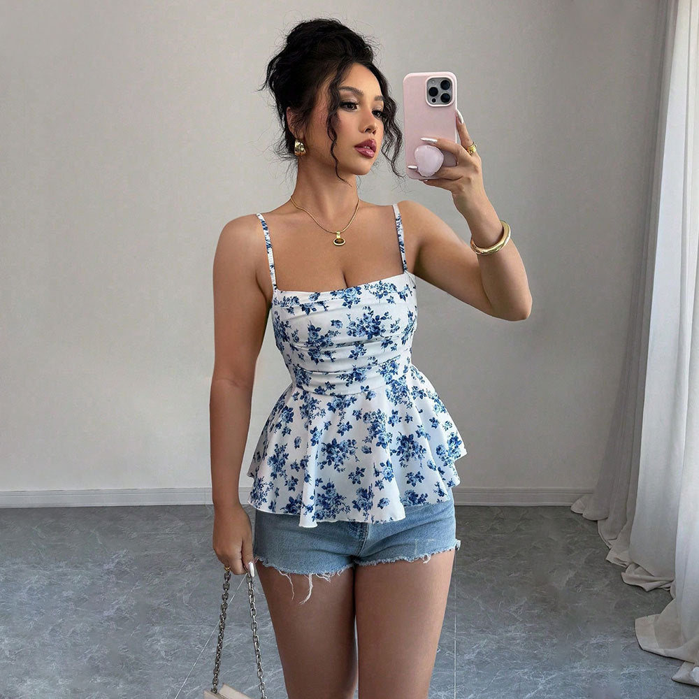 Women's Fashion Sexy Camisole Temperament Slim Design Floral Sleeveless Top