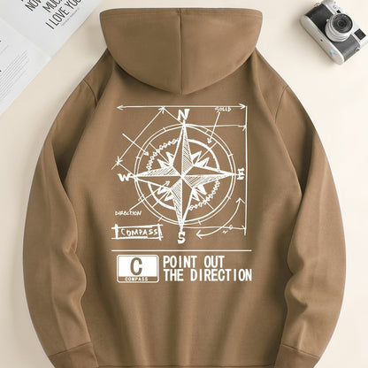 Fashion Green Compass Pattern Hoodie Casual Autumnwinter Pullover With Drawstring Kangaroo Pocke