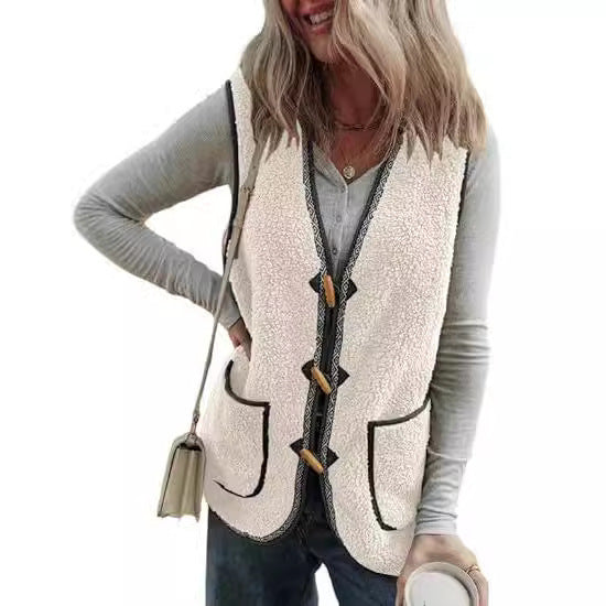 Women's Casual Contrast Color Sleeveless Cardigan Outerwear Plush Vest