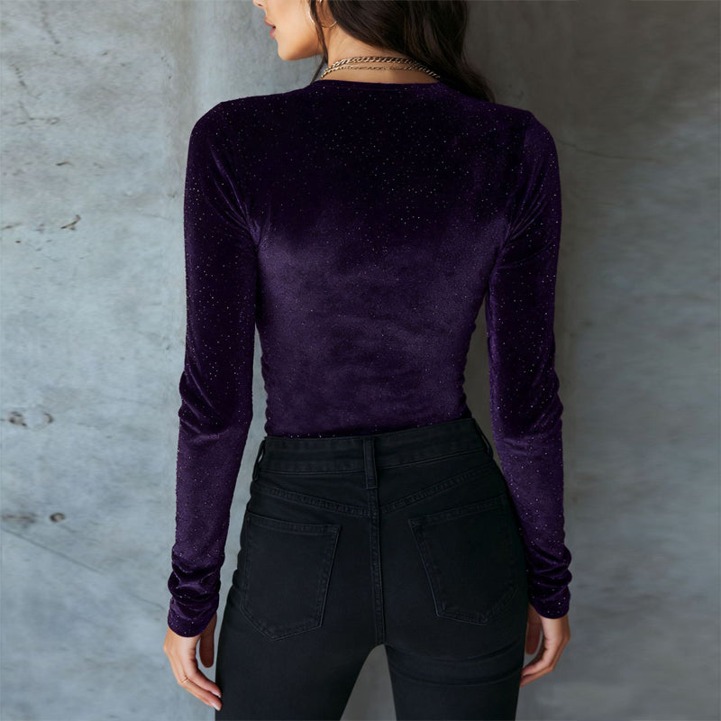 Women's Sexy Solid Color Velvet V-Neck Top, Sequin Detail Long Sleeve Blouse For Layering And Holiday Wear
