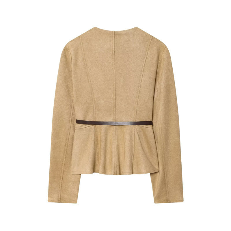 Denim Leather Short Skirt Hem Jacket