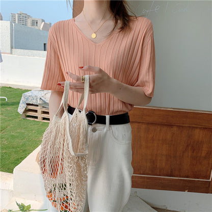 Top Thin Ice Silk Short Sleeve Knitted T-shirt