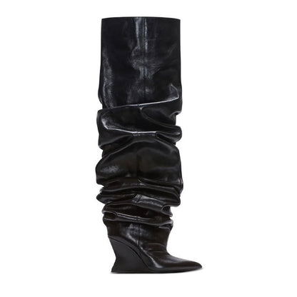 Catwalk Pleated Over-the-knee Boots Female Pointed Toe Wedge High-heel Boots