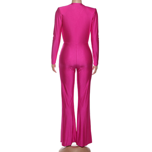 New Women's Fashion Sexy Deep V Long Sleeve Slim Fit Flared Jumpsuit