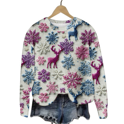 Christmas Cat Hat Snowflake Print Women's Round Neck Sweatshirt