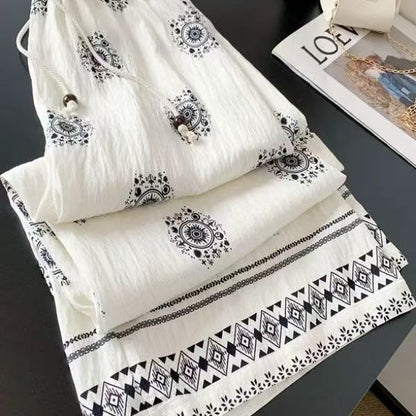 Retro Beaded Drawstring Women's Summer Cool Wide-leg Pants