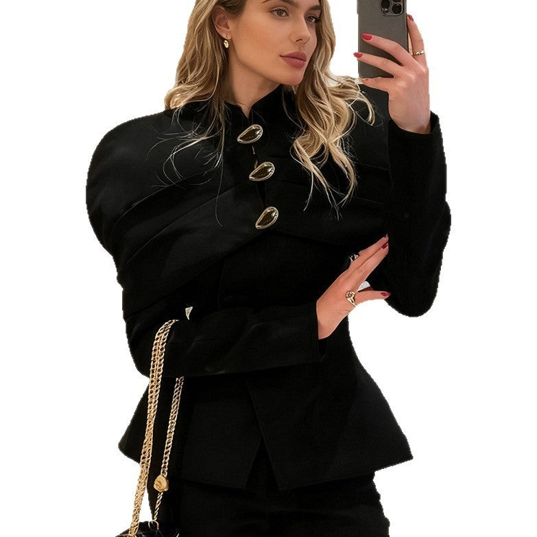 Retro Black Color Pleats Button Slim Top - SD & CO.