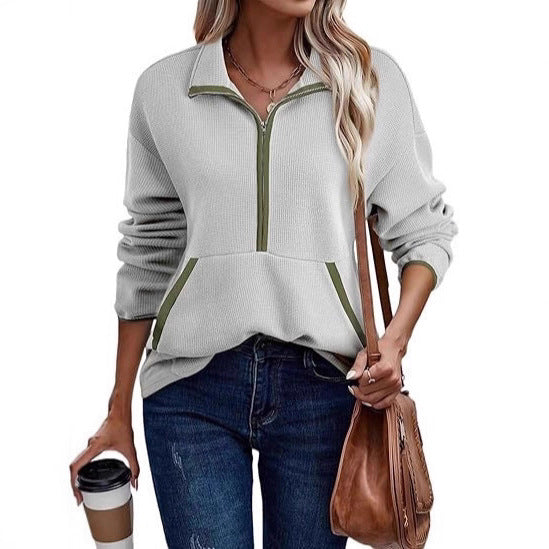 Women's Half-Zip Pullover Hoodie Lapel Pocket Jacket