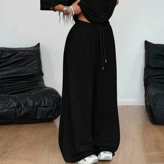 Retro Solid Color Casual Pants For Women, Loose Wide-leg Versatile