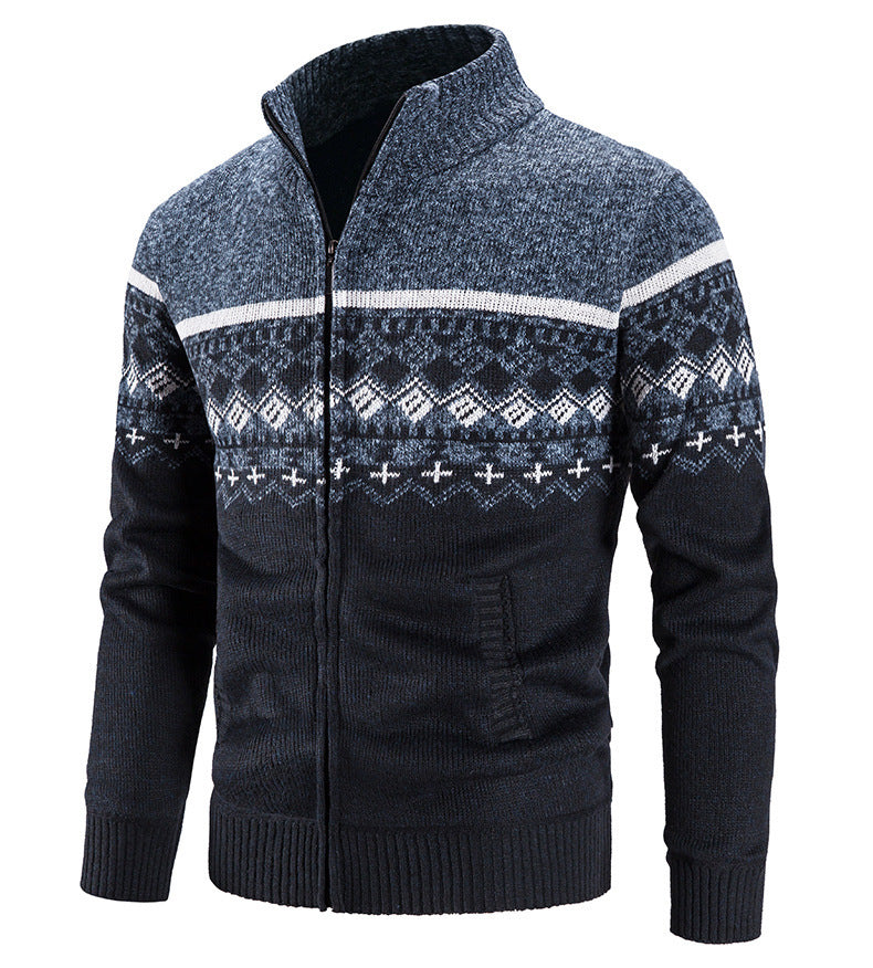 Velvet Thickening Sweater Men's Stand Collar Assorted Colors Retro Jacquard Knitted Cardigan - SD & CO.