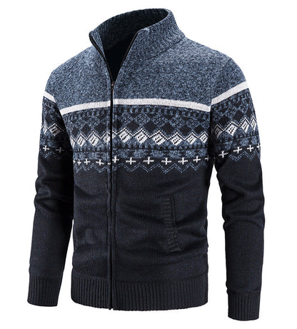 Velvet Thickening Sweater Men's Stand Collar Assorted Colors Retro Jacquard Knitted Cardigan - SD & CO.
