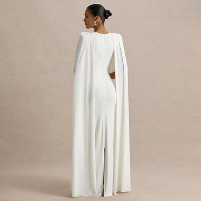 Solid Color Round-neck Pleated Shawl Slim Dress