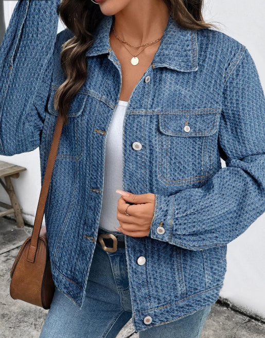 Blue Double Flap Pocket Denim Textured Button Down Jacket