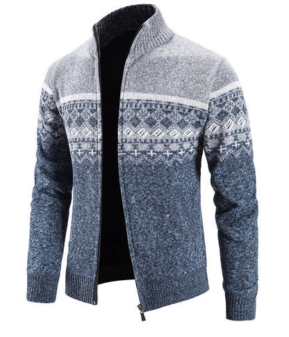Velvet Thickening Sweater Men's Stand Collar Assorted Colors Retro Jacquard Knitted Cardigan - SD & CO.