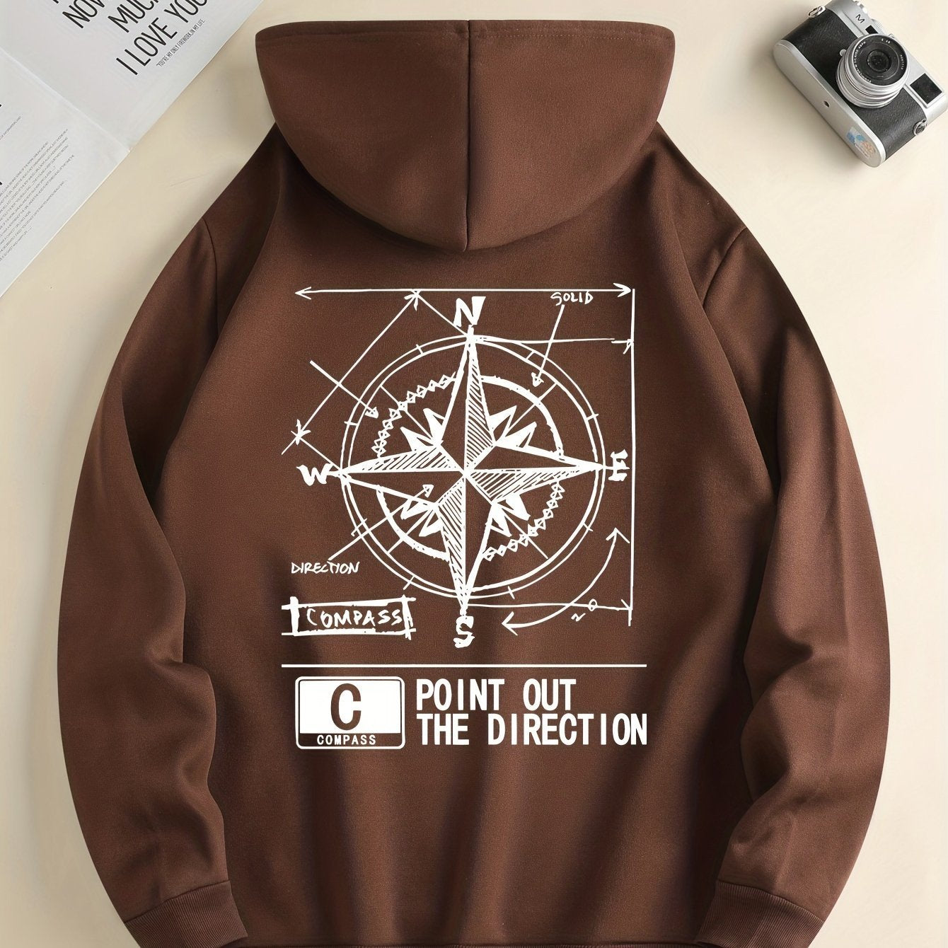 Fashion Green Compass Pattern Hoodie Casual Autumnwinter Pullover With Drawstring Kangaroo Pocke