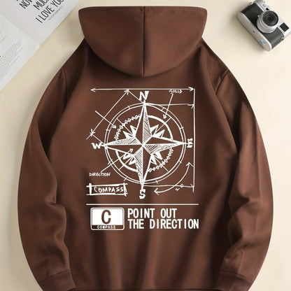 Fashion Green Compass Pattern Hoodie Casual Autumnwinter Pullover With Drawstring Kangaroo Pocke