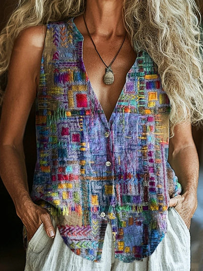 Spring New Trendy Button Vest Vintage Floral V-neck Shirt