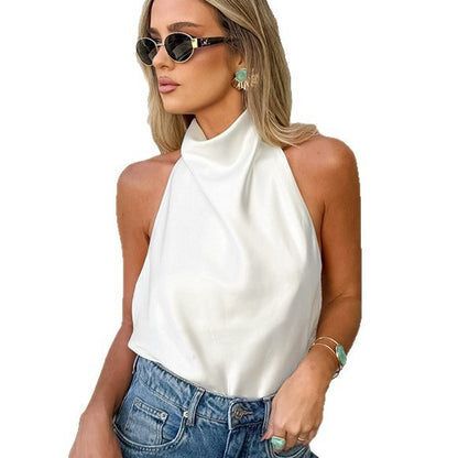 Women's Versatile Design White Faux Silk Satin Trendy Casual Vest