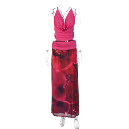 Backless Slim Fit Printed Polyester Women's Maxi Dress