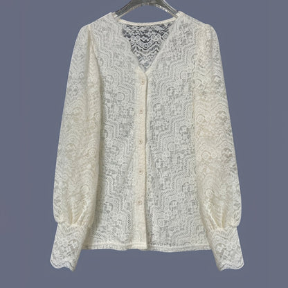 Women's Solid Color Lace Trim Blouse, V-Neck Button-Down Shirt With Elegant Detail For Professional Wear