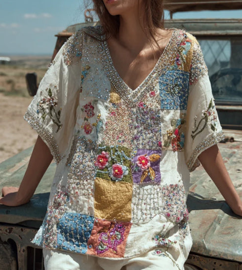 Retro Color-blocked Casual V-neck Mid-sleeve Top