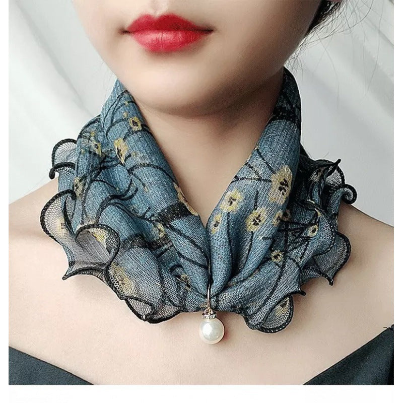 Printed Cute Decorative Scarf Lace Thin Pendant Small Silk Scarf