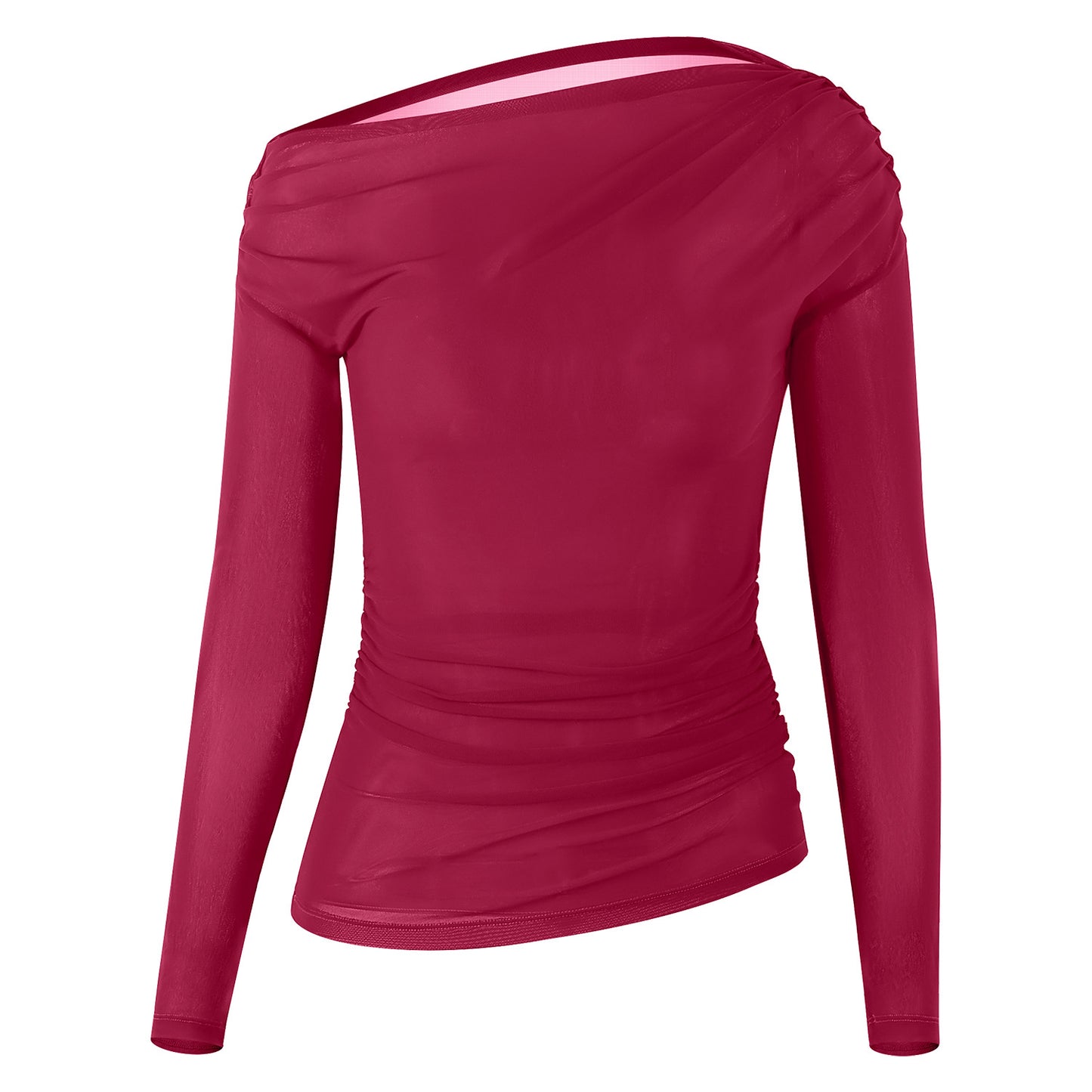 Oblique Shoulder Mesh Yoga Shirt Pleated Sports Top