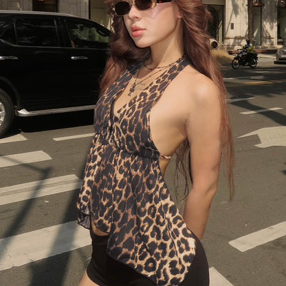 Leopard Print Short Halter Cardigan Vest Top For Women
