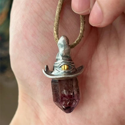 Retro Natural Amethyst Hexagonal Witch Hat Pendant Necklace