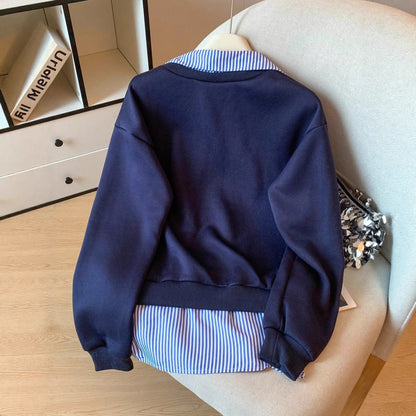 European And American Stripe Patchwork Fake Two-piece Women's Hooded Long-sleeved Sweatshirt