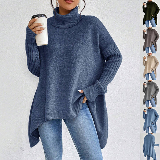 Irregular Turtleneck Sweater Winter Loose Long Sleeve Knitted Tops Leisure Warm Pullover Sweater Women's Clothing - SD & CO.