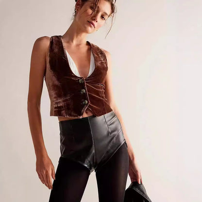 Spring New Retro Black V-neck Sleeveless Top For Women