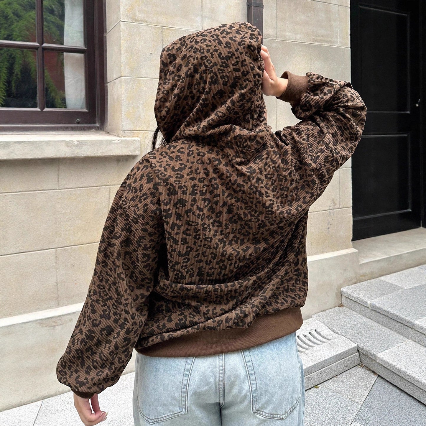 Women's Leopard Print Zip-up Hooded Long Sleeve Sweatshirt